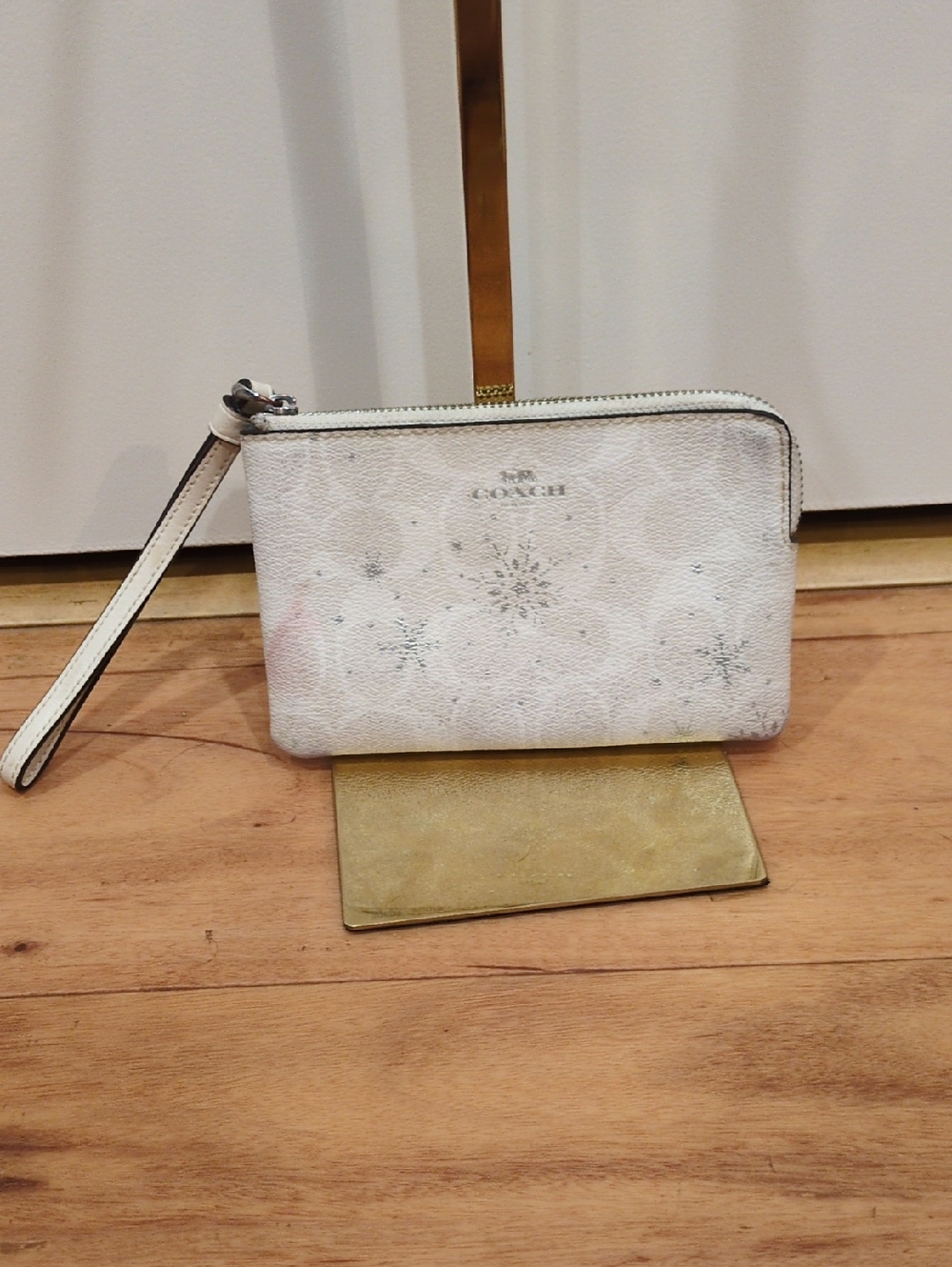 Coach White Signature Wristlet with Silver Snowflake Accents